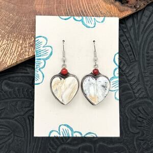 BUFFALO DANCER Taos Pueblo Sterling Silver & White Buffalo Heart Earrings Coral